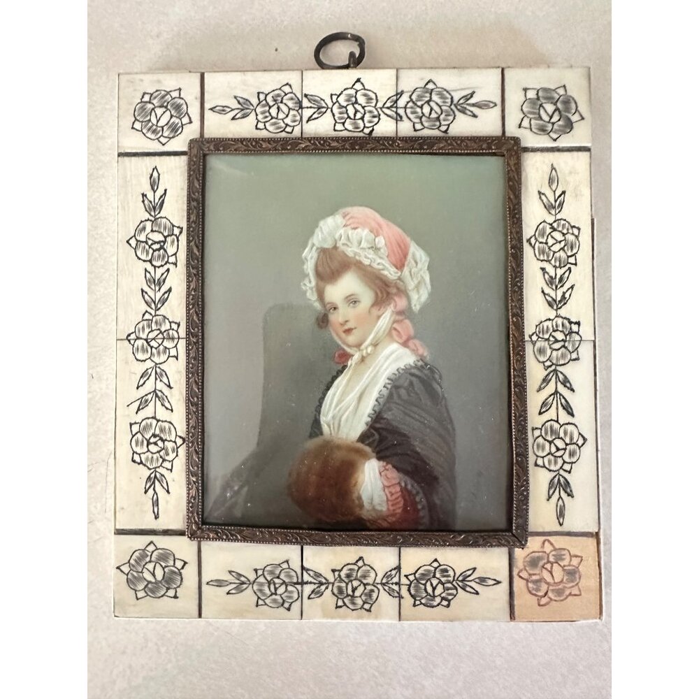 Antique 1800s hand painted Mary Robinson portrait porcelain in ivory frame - Picture 1 of 10